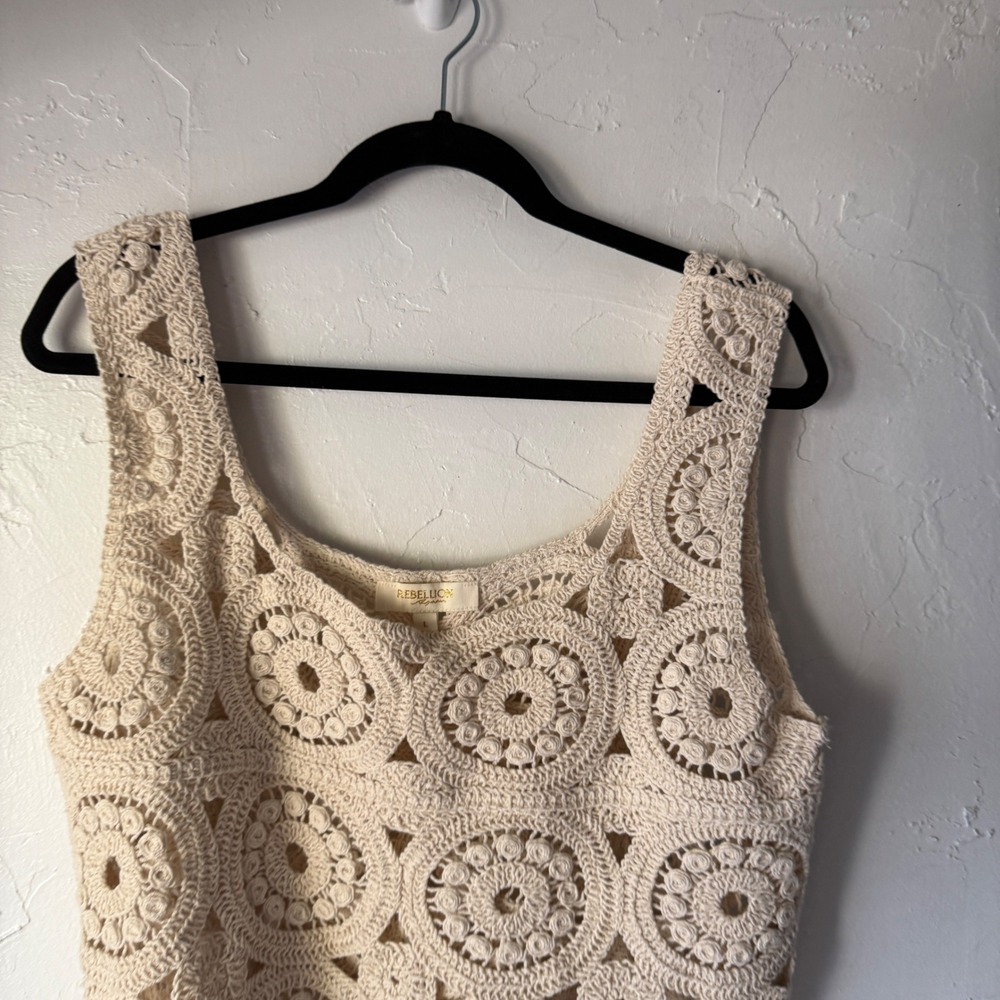 Rebellion Crochet Tank Top Cream Sleeveless Festival Boho Women's L - Picture 2 of 8